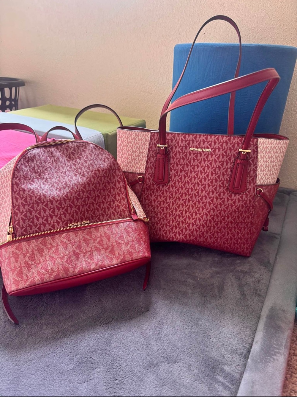 Michael Kors Red MK Signature Tote and Backpack Set - Picture 1 of 1